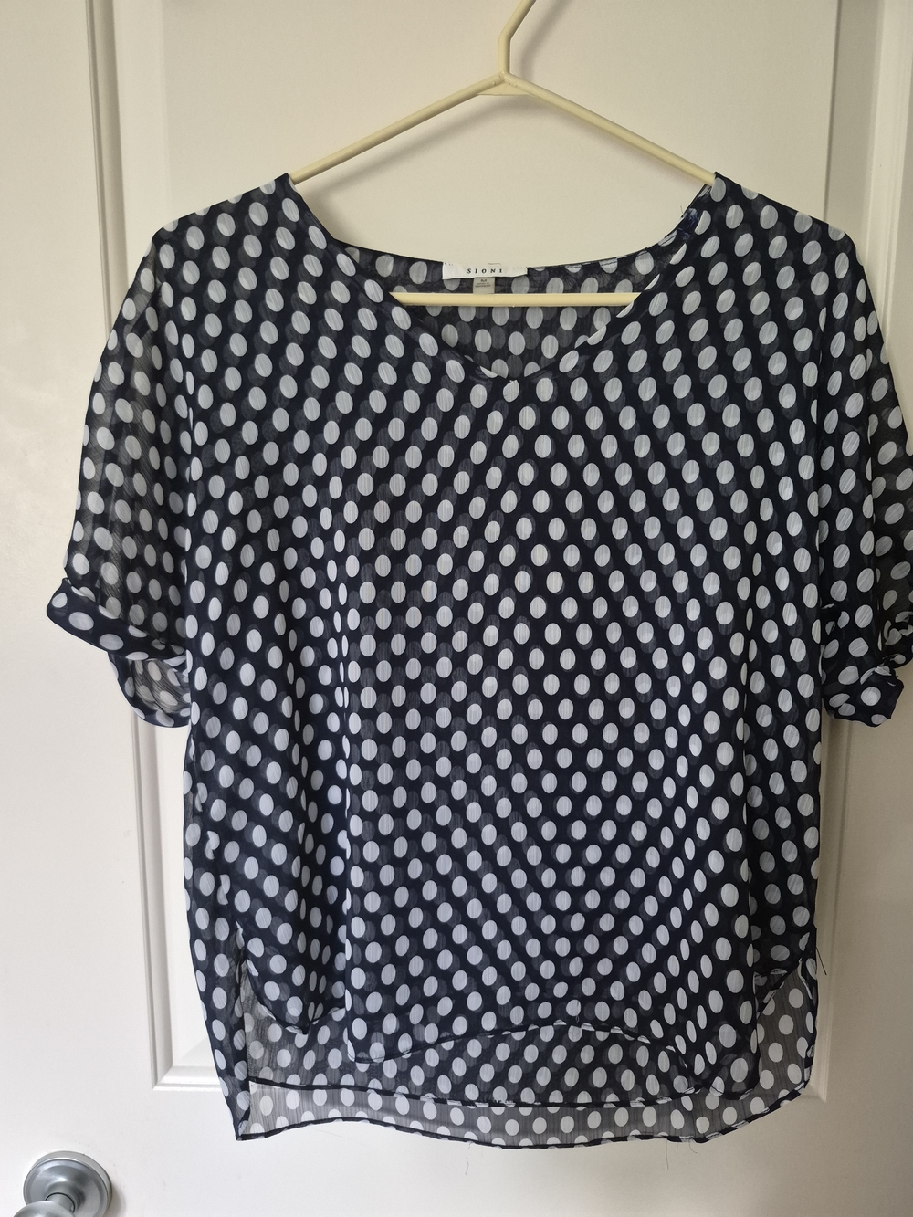 Sioni Navy and White Polka Dot Short Sleeve Blouse